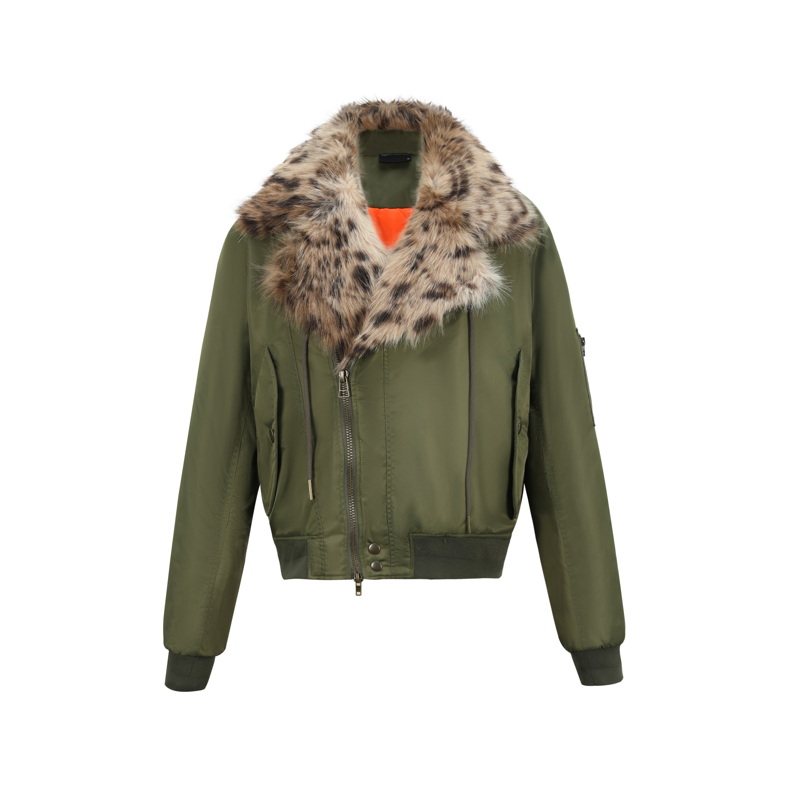 no E mosen(noE)豹纹毛领机车军绿色短款双形态bomber棉服