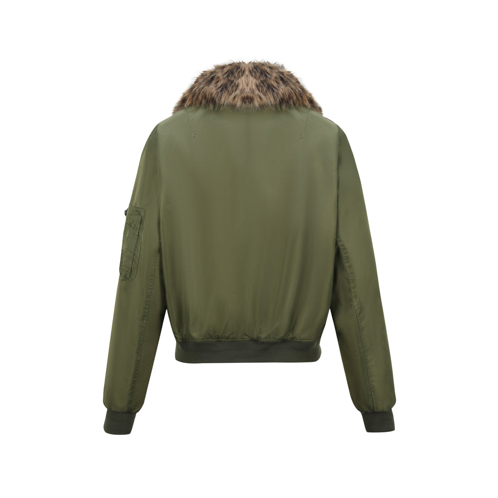 no E mosen(noE)豹纹毛领机车军绿色短款双形态bomber棉服