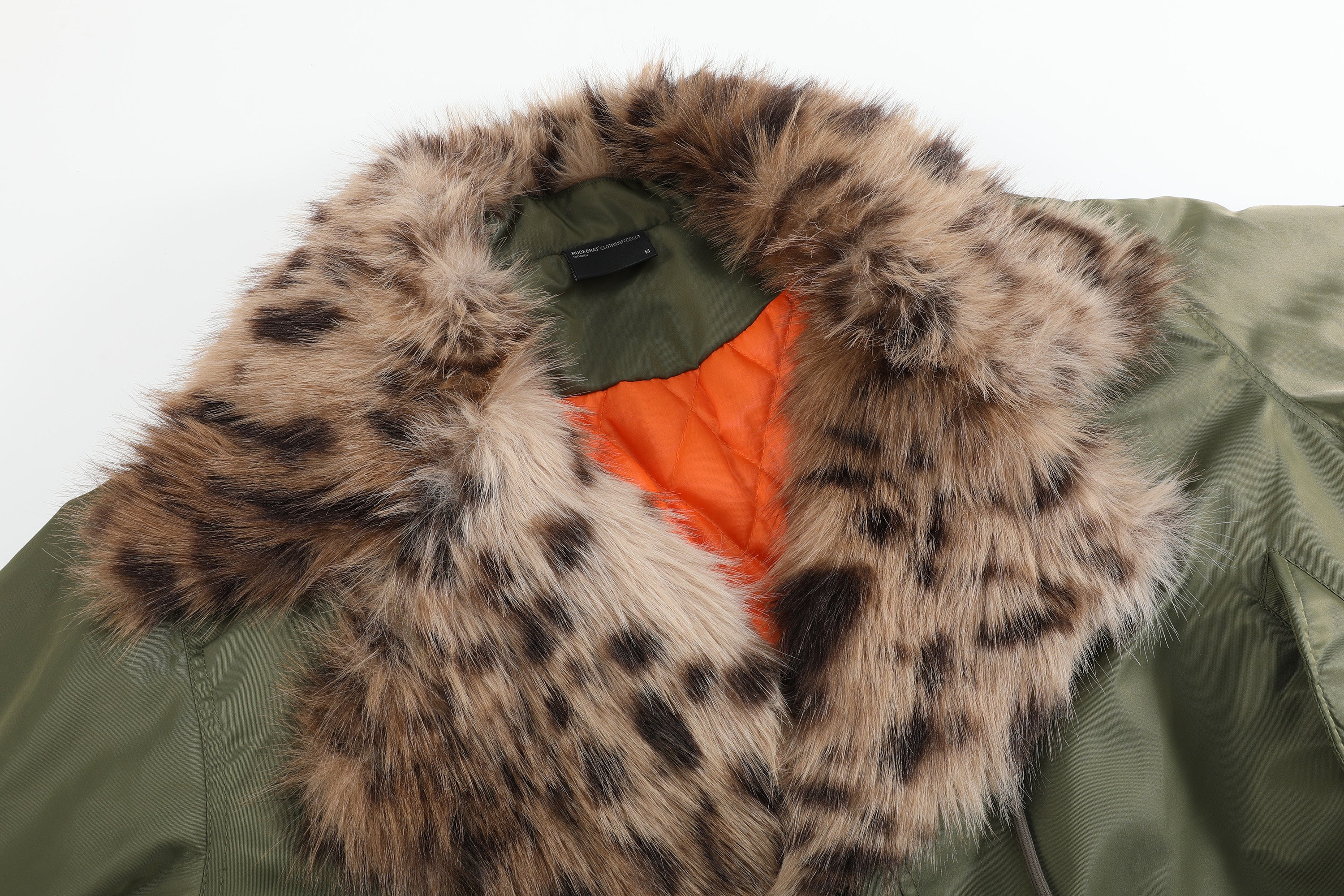 no E mosen(noE)豹纹毛领机车军绿色短款双形态bomber棉服