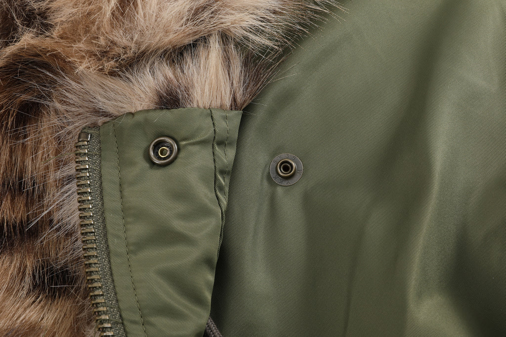 no E mosen(noE)豹纹毛领机车军绿色短款双形态bomber棉服