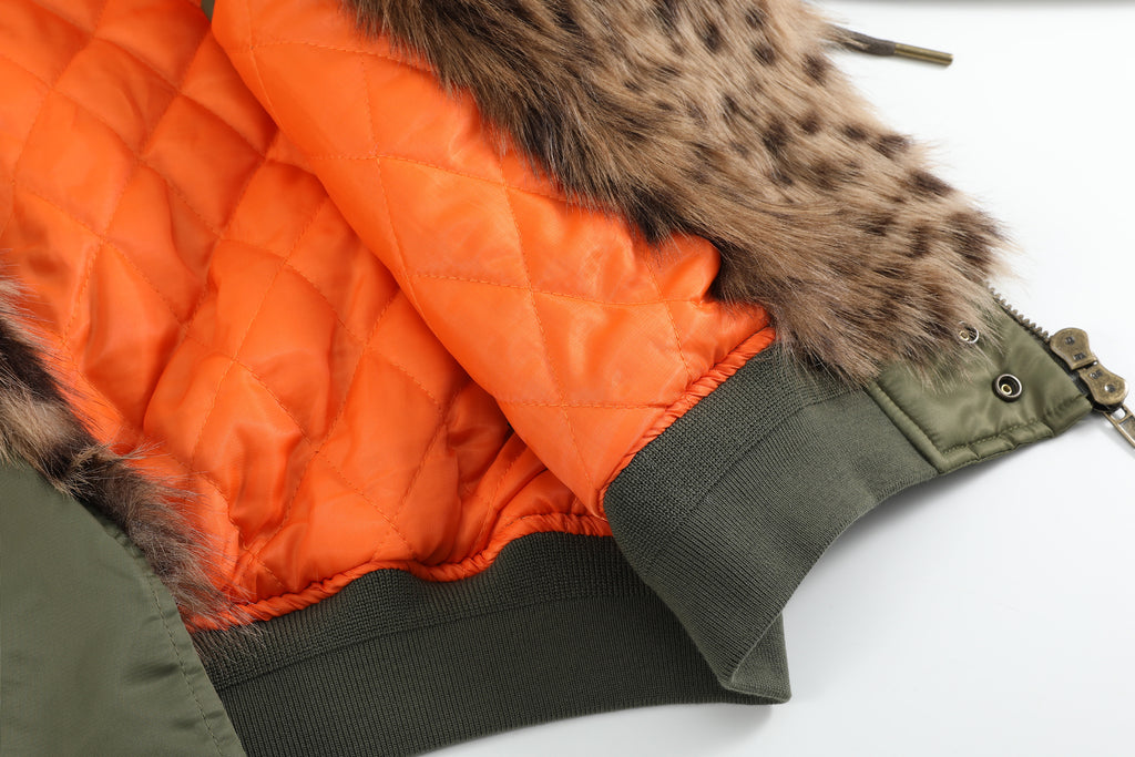 no E mosen(noE)豹纹毛领机车军绿色短款双形态bomber棉服