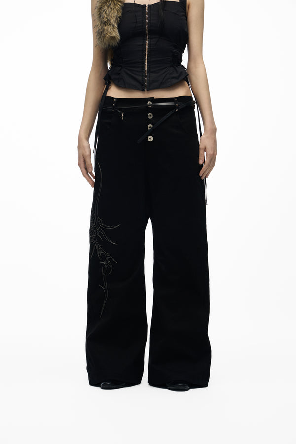 noEmosen Embroidered Drop-Crotch Pants
