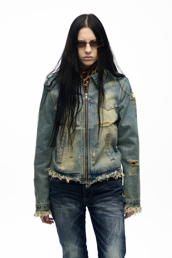 noEmosen Fringed Washed Denim Jacket