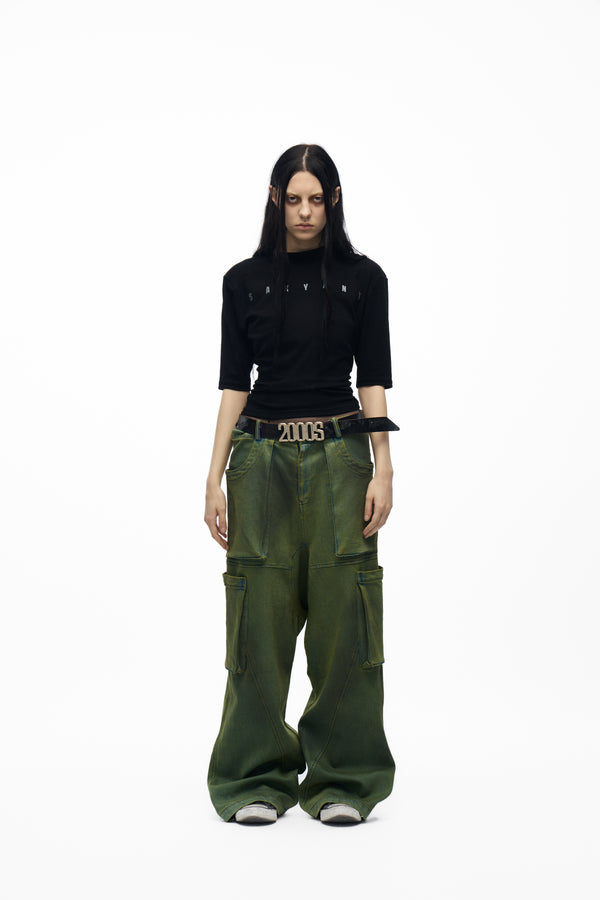 noEmosen Green Low-Crotch Washed Pants