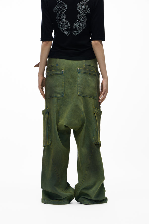 noEmosen Green Low-Crotch Washed Pants